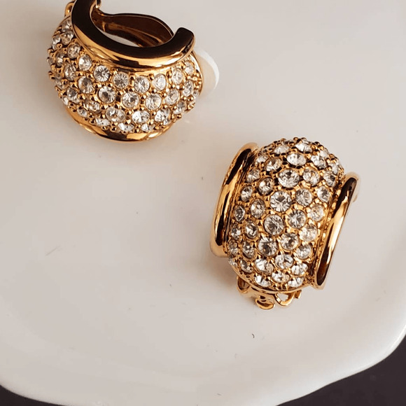 Swarovski Half Hoop Earrings Gold Plated Pave Crystals Clip-On Swan Signed - Picture 5 of 7